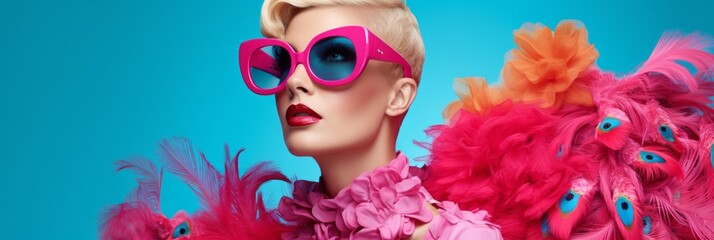 Young girls in beautiful fashionable clothes in flamingo plumage colors, exotic bird and high fashion, fashion magazine cover, banner - obrazy, fototapety, plakaty