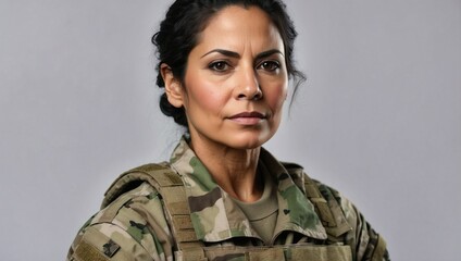 Stern Hispanic middle-aged female soldier in camouflage military uniform, serious expression, grey backdrop - obrazy, fototapety, plakaty
