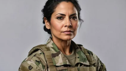 Poster Stern Hispanic middle-aged female soldier in camouflage military uniform, serious expression, grey backdrop © Tom