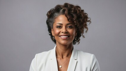 Smiling black middle-aged businesswoman in white blazer, professional, elegant, light grey background