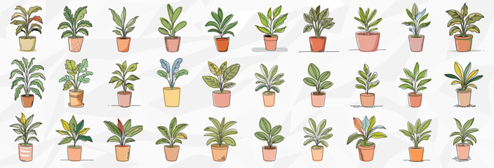 Grüne Oasen: 30 Lineart-Zeichnungen von Zimmerpflanzen - Vektorgrafik-Bundle