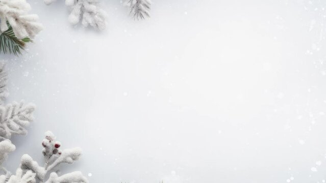 Christmas Winter snow photo Christmas concept. Top view photo of spruce branches in frost and mistletoe berries on isolated beige - Seamless loop animation, created using AI Generative Technology