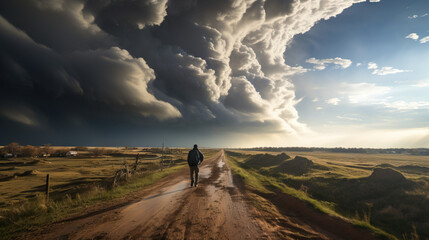 Meteorologist Chasing Storms: A portrait of a meteorologist or storm chaser observing severe weather phenomena. Large clouds. - obrazy, fototapety, plakaty
