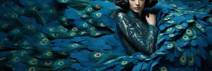 Young girls in beautiful fashionable clothes in peacock plumage colors, exotic bird and high fashion, fashion magazine cover, banner