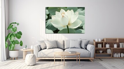 beautiful blooming lotus flowers with green leaves arranged on a light grey table, in a minimalist and modern style, leaves ample space for text.
