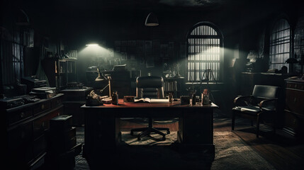 Film Noir Detective Office: A dimly lit private investigator's office with vintage detective tools, old rotary phones, typewriters, and noir-style aesthetics, atmosphere of classic detective stories.