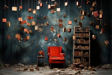 Step into an ethereal realm where old books hang suspended, creating a surreal still life