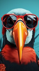 Fashionable bright toucan with glasses, high fashion, fashion magazine cover