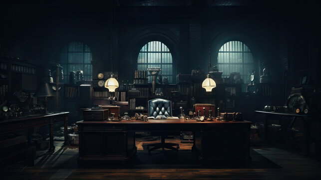 Film Noir Detective Office: A dimly lit private investigator's office with vintage detective tools, old rotary phones, typewriters, and noir-style aesthetics, atmosphere of classic detective stories.
