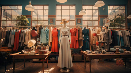 Designer Vintage Clothing Store: A retro-style boutique showcasing curated vintage fashion items,...