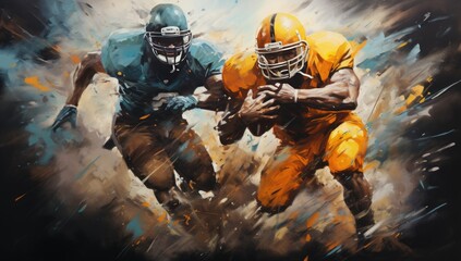 two professional american football players running through an explosive scene Generative Ai - obrazy, fototapety, plakaty