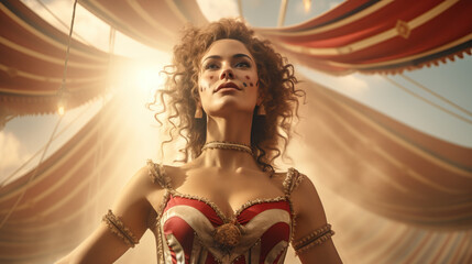 Circus Performer: A portrait of a circus performer,  aerialist or acrobat, showcasing their skill. Circus tent backdrop.