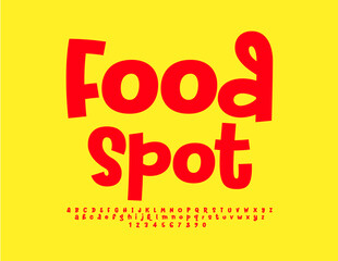 Vector bright Poster Food Spot. Bright Red Font. Trendy Alphabet Letters and Numbers