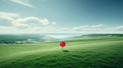 Fototapeta premium a vast green field with a prominent big red pin marking a location, the concept of achieving goals, realizing dreams, reaching the end, or celebrating a victory.