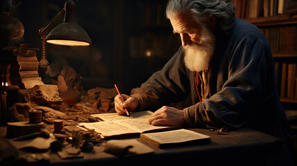 Ancient Manuscript Restorer: A portrait of an expert restoring ancient manuscripts, delicately preserving and repairing fragile historical documents.