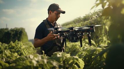 Agricultural Drone Operator: A portrait of a professional operating agricultural drones in fields, showcasing their role in modern farming practices and precision agriculture