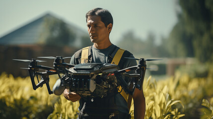 Agricultural Drone Operator: A portrait of a professional operating agricultural drones in fields, showcasing their role in modern farming practices and precision agriculture