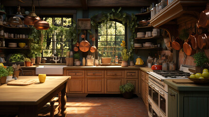 Fototapeta na wymiar A cozy kitchen with wooden cabinets, farmhouse sink, vintage appliances, hanging pots, and pans, offering a warm and inviting rustic atmosphere.