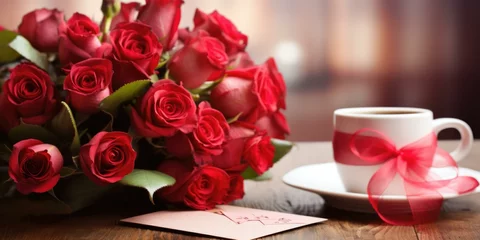 Fototapeten Red roses and cup of coffee on table. Generative AI. © Natalia