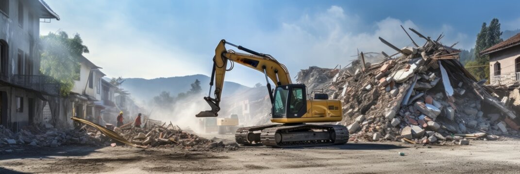 Construction equipment removes rubble of stone and concrete on city streets after a devastating earthquake, banner