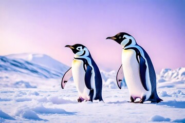  two penguins walking Against a backdrop of soft purple hues, the penguins stand out, creating a visually appealing contrast.