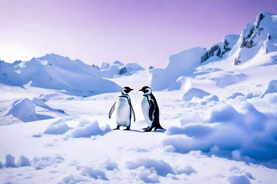 The image features two penguins, one in sky blue and white, and the other in pink and white, standing on a pristine white snow-covered surface. 