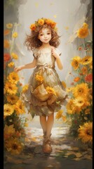 A painting of a little girl walking through a field of flowers