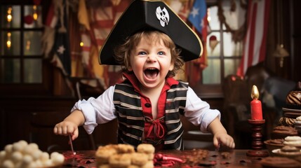 A little boy wearing a pirate hat and making a funny face