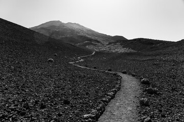 Trail to volcano Pico Viejo - the second highest peak of Tenerife. Typical volcanic landscape. Canary Islands. Spain. Black and white. - obrazy, fototapety, plakaty