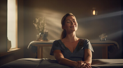 Fototapeta premium At spa in dark light with candles and lights , woman on a massage treatment, massage and relax concept 