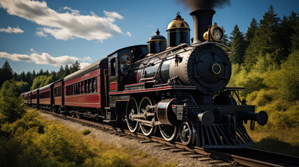 Naklejka premium A steam train traveling down train tracks next to a forest