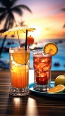 Enjoy tropical cocktails with vibrant umbrellas and fresh fruit at a beachside bar. Generative AI.