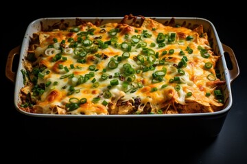 A delicious chicken tortilla casserole with layers of chicken, tortillas, black beans, cheese, and salsa, topped with green onions and cilantro. Generative AI.
