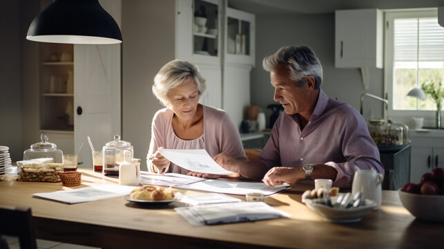 Senior couple going over their bills and home finances while having breakfast in the morning. Generation AI