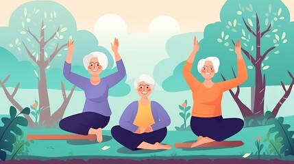 Obraz na płótnie Canvas Elderly women or happy grannies joyfully practicing yoga, radiating happiness and well-being. Positive spirit and health benefits of seniors engaging in yoga, promoting active and joyful aging.