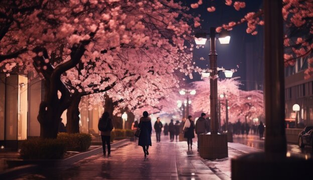 A City At Night With People Walking And Trees Lit,