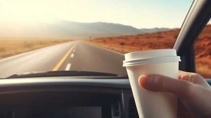 a hand with a white paper coffee cup by the window in a car driving in nature, among the autumn...