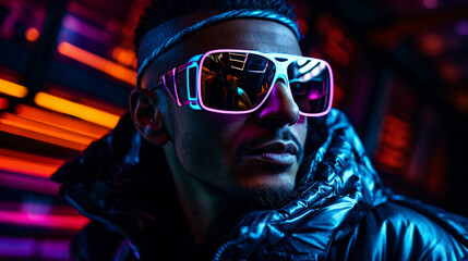 Cyberpunk hacker character portrait, neon face paint, reflective sunglasses