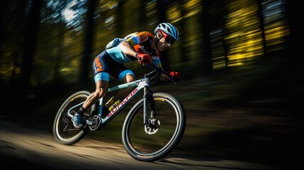 Cyclist speeding downhill, blurred forest pathway, sharp focus on rider's intense gaze, colorful...