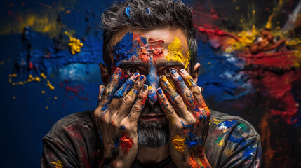 Inspired emotive portrait of an artist with paint on their face, creative spark in the eyes