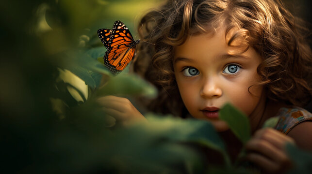 Intense emotive portrait of a child's wide-eyed wonder, looking at a butterfly, soft natural light