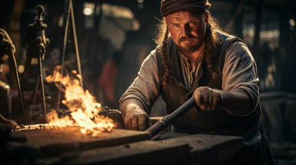 blacksmith in the forge, sparks flying, intense focus, ambient light casting dramatic shadows - obrazy, fototapety, plakaty