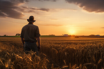 farmer in golden wheat fields at sunset, rich golden hour light