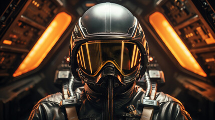 Retro-futuristic pilot character portrait, aviator helmet with visor up, background of a classic spaceship cockpit