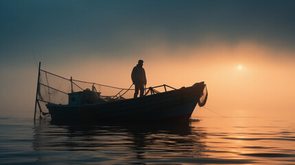 Rugged fisherman at the crack of dawn on a weathered boat, mist rising off the water, soft diffuse light