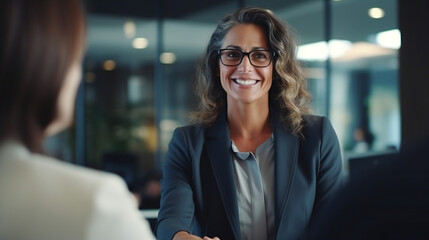 Portrait of beautiful young professional woman, businesswoman smiling in office in office on a business meeting Generation AI