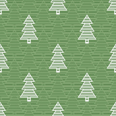 Monochrome green seamless vector pattern with white striped Christmas trees on striped background. Abstract geometric design for wrapping paper, interior decoration and stationary.