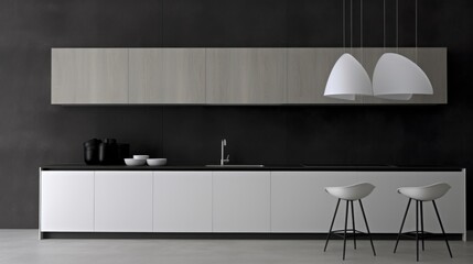 A black and white kitchen with two stools