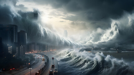 Tsunami, severe storm, flood. A giant wave rolls over the city on the coast. Strong water pressure washes away the town. - obrazy, fototapety, plakaty