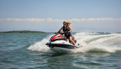 Action shot of a white woman riding a jetski, splashing through the waves, displaying freedom and adventure on a sunny day